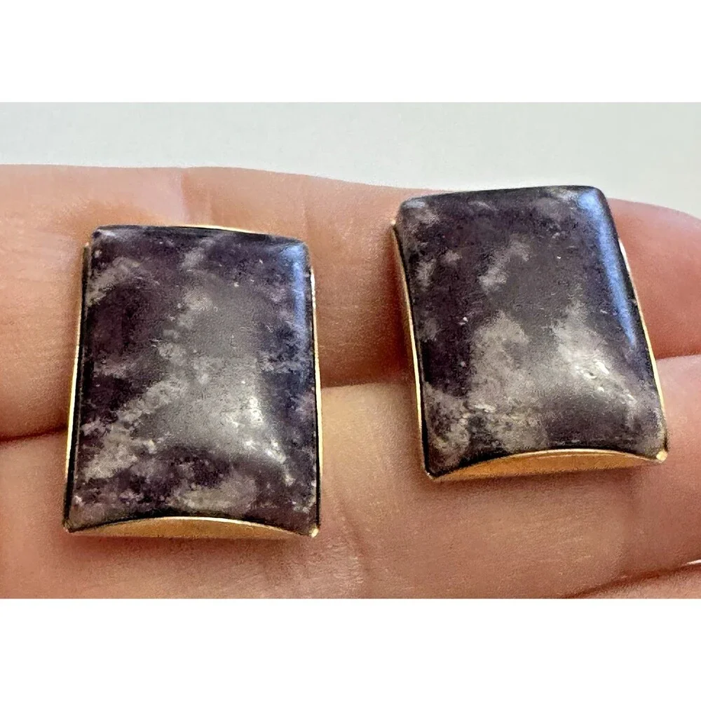 Vintage Purple Stone Rectangle Cufflinks Silver Tone 1 Inch